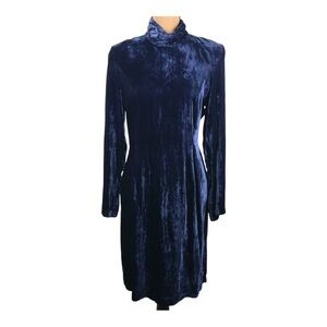 Vintage 90s Carol Anderson Blue Velvet Mock Neck Long Sleeve Midi Dress Size 6